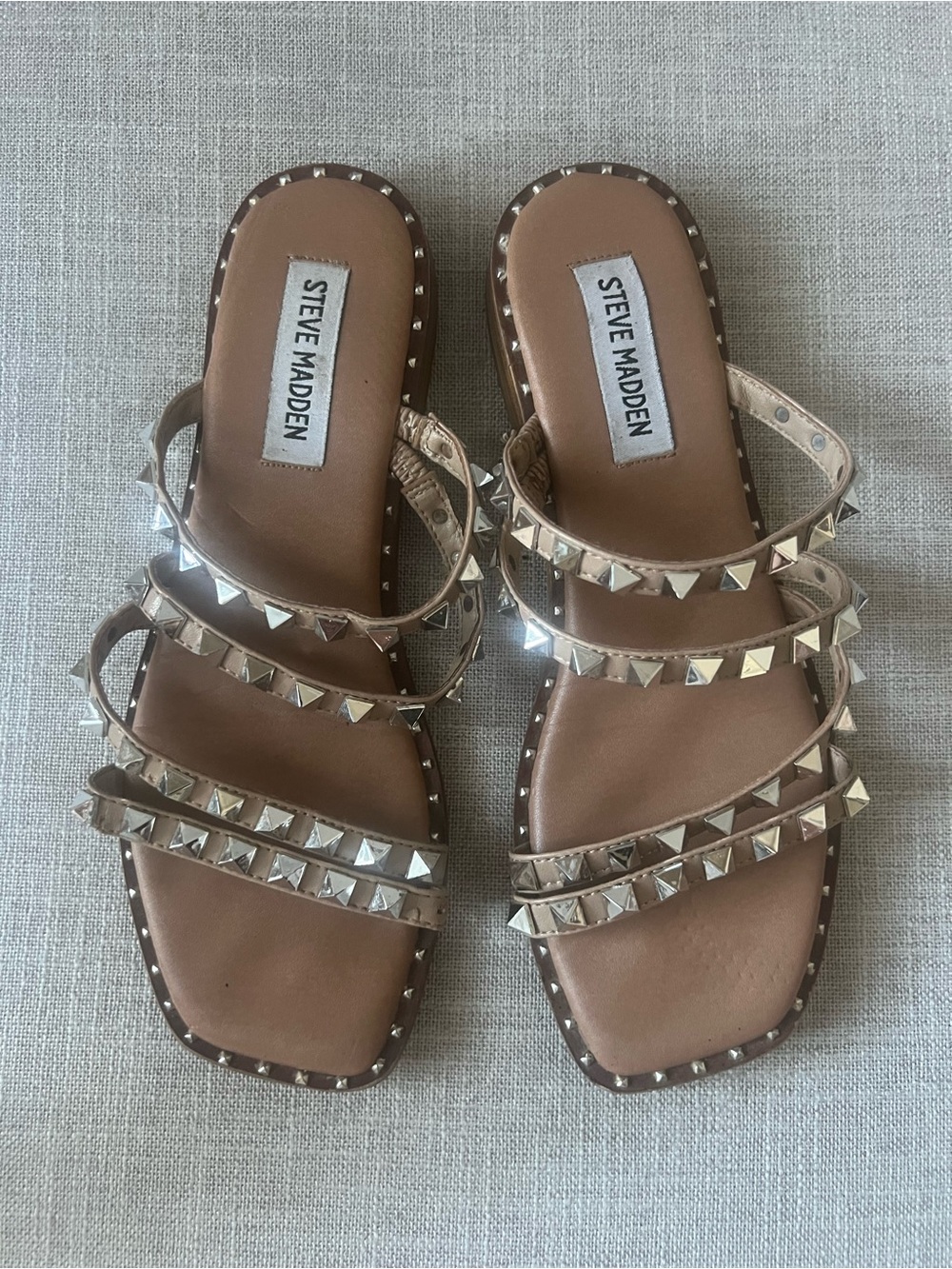 Steve Madden Studded Tan Slide Sandals, Womens 6.5, embellished resort vacation